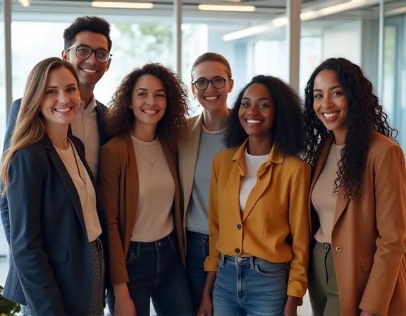 Un equipo de trabajo diverso y colaborativo celebrando la inclusión