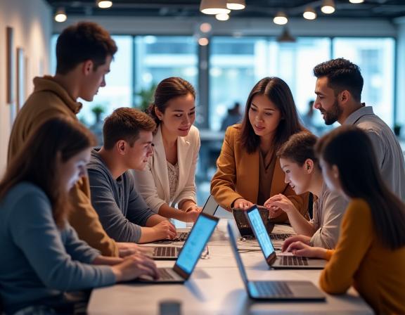 Equipo de una startup colaborando en un entorno de crecimiento rápido